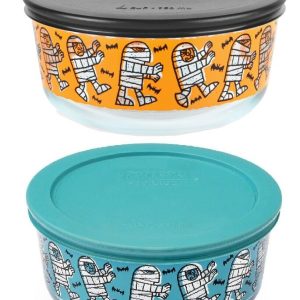 Pyrex 4 Cup Storage Halloween MUMMY PARADE Creepy Bats *Choose: ORANGE or BLUE