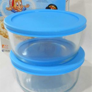 TWO - PYREX 4 Cup ROUND Storage Dishes w/ Bright TURQUOISE Sky AQUA Blue Cover