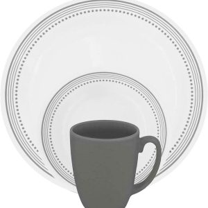 ❤️ 16-pc Corelle MYSTIC GRAY Dinnerware Set SOFT GREY BANDS & DOTS BORDER