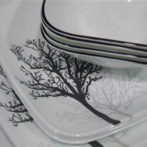 ❤️ 12-pc CORELLE Square TIMBER SHADOWS DINNERWARE SET *Black Grey Bare Trees