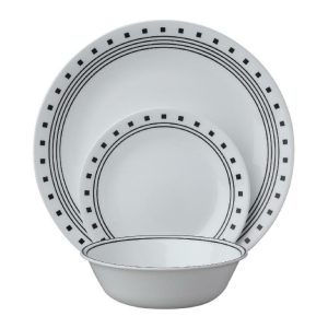12-pc Corelle CITY BLOCK DINNERWARE SET Dinner Bread Plates Bowls *BLACK SQUARES