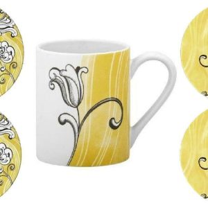 1 Corelle TANGO 11-oz Stoneware MUG *Black Tulip Floral Golden Yellow Waves NEW