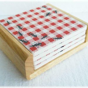 5-pc STONEWARE Drink COASTER Set & WOOD Caddy PICNIC GUESTS Ants BBQ RED Gingham
