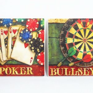 5-pc STONEWARE Drink COASTER Set & OAK Wood Caddy *POKER CARDS or BULLSEYE DARTS