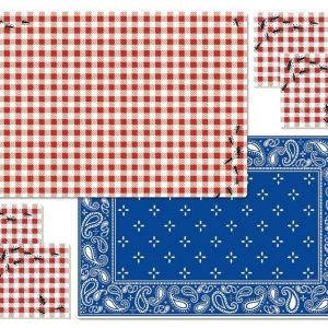 9-pc PICNIC GUESTS PLACEMAT & Stoneware COASTER Set & Caddy ANTS BBQ RED Gingham