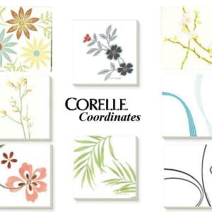 4 Corelle Square STONEWARE Drink COASTER Set +OAK WOOD CADDY Holder Beverage NEW