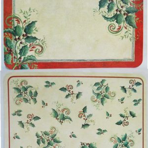 4 CHRISTMAS HOLLY 17x11 Reversible PLACEMATS Holiday Red Green Leaves Berries