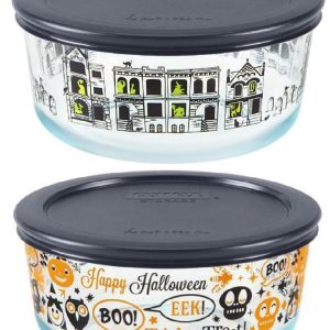Pyrex 4 Cup HALLOWEEN Storage SPOOKY FUN /Haunted Mansion Cemetery FRIGHT NIGHT