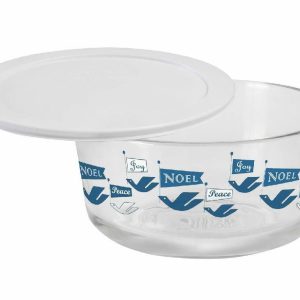 PYREX 4 Cup PEACE ~ JOY ~ NOEL 4 Cup Glass Storage Bowl BLUE WHITE Holiday DOVES