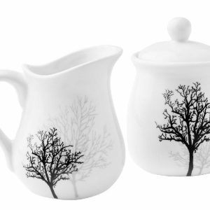 Corelle TIMBER SHADOWS Porcelain CREAM & SUGAR BOWL Black Grey Leafless Branches