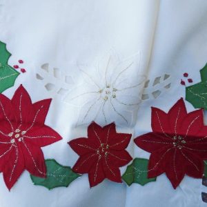Christmas POINSETTIA & HOLLY TABLE RUNNER 13x72 Ivory Satiny Laser Cut Outs *NEW