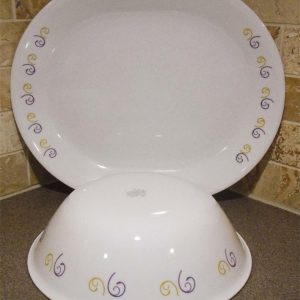 1 Corelle VIOLET DANCE Purple Yellow Pink Curls CHOOSE: Serving PLATTER or BOWL