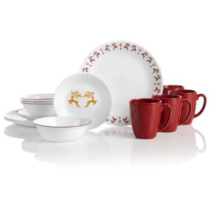 16pc Corelle DANCER & PRANCER Dinnerware Set Christmas Holiday Red Gold Reindeer