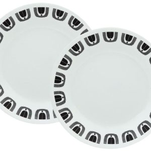 2 Corelle BLACK NIGHT 6 3/4 BREAD PLATES Retro GEOMETRIC Shape BANDS LINES DOTS