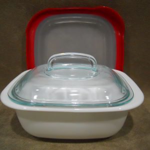3-pc CORELLE 1.5 Qt Simplylite BAKE SERVE STORE White Casserole Dish w/ Glass & Plastic Cover