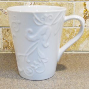 NEW Corelle BELLA FAENZA 10-oz White PORCELAIN MUG CUP Embossed Floral Scrolls