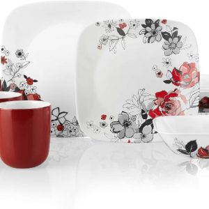 ? 16-pc Corelle CHELSEA ROSE Square DINNERWARE SET *Red Black Grey Floral