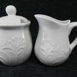 Corelle Boutique CHERISH Porcelain CREAM & SUGAR BOWL SET White Embossed Florals