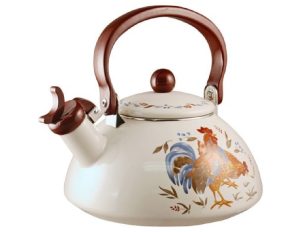 ? Corelle COUNTRY MORNING Rooster 2.2 Qt. WHISTLING TEA KETTLE Porcelain on Steel