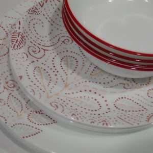 ❤️ NEW 12-pc Corelle LEAF STITCH Dinnerware Set *Rustic Floral RED GRAY Stitches