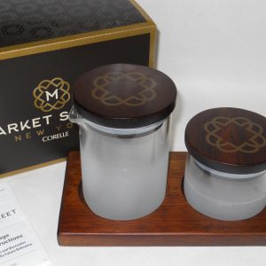 Corelle MARKET STREET New York MILK & SUGAR TRAY Cream Frosted Glass Acacia Wood