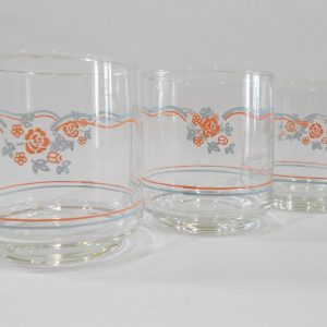 Corelle 3 ENGLISH BREAKFAST 8-oz Old Fashioned JUICE GLASSES Rosettes PINK BLUE