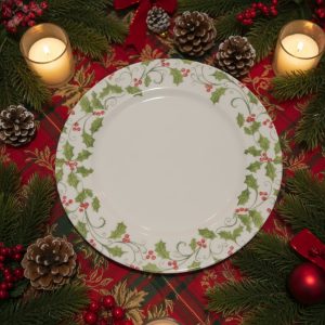 Corelle EVERGREEN ROSE 8.5 LUNCH PLATE Christmas Green Holly Red Berries