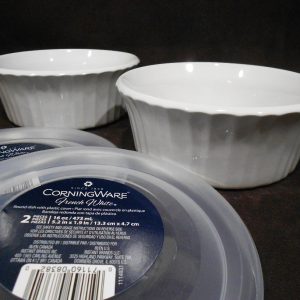 2 Corningware FRENCH WHITE Round 16-oz DISH & COVERS Bake Serve Store Bowls