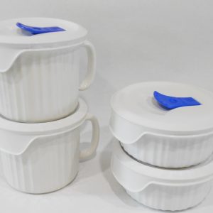 NEW 8-pc Corningware FRENCH WHITE 16-oz DISH & MUGS w/POP-INS VENT COVER Lids