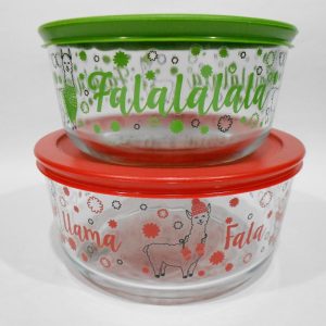 4-pc Pyrex CHRISTMAS FALALA LLAMA Storage Set 7 & 4 Cup BOWLS Holiday Red Green