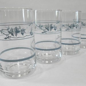 NEW 4 Corelle FIRST OF SPRING 8-oz Low Foot JUICE GLASSES White Blue Floral