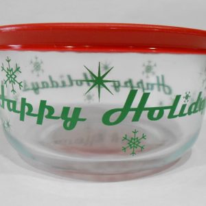 PYREX 4 CUP Storage Bowl HAPPY HOLIDAYS 1-Qt Christmas RED Cover GREEN Snowflake