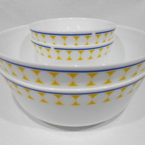 4-pc CORELLE MilkGlass HARMONY BOWL SET 46-oz Serving & 12-oz / Yellow Blue Dots