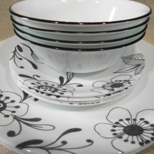 12-pc Corelle INKED POPPY DINNERWARE SET Plates Bowls BLACK FLORAL on WHITE