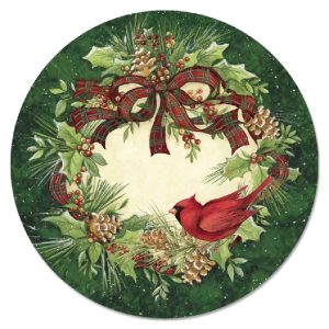 CARDINAL WREATH 13 Tempered Glass LAZY SUSAN Holiday Pine Cones Holly & Ribbon