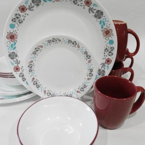 ❤️ 16-pc Corelle NORDIC BLOOM Dinnerware Set *Scandinavia Wildflowers Rasberry Teal Gray