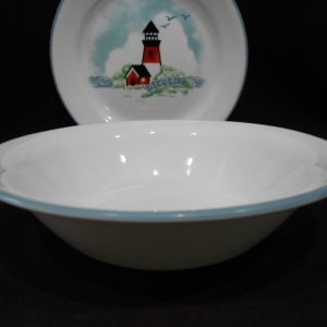 Corelle OUTER BANKS 18-oz SOUP BOWL 7.25 Powder Blue Rim / Lighthouse Nautical