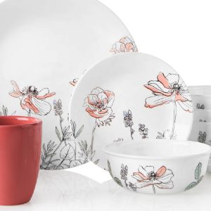 NEW 16-pc CORELLE Signature POPPY PRINT Dinnerware Set *Pale Pink & White Floral