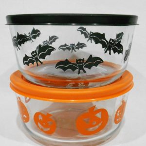 Pyrex 4 Cup BLACK BATS & ORANGE PUMPKINS 1-Qt Spooky Halloween Storage Bowls