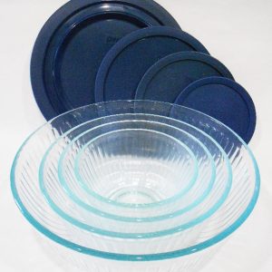 NEW 8-pc PYREX Clear SCULPTURED Glass Mixing Bowl Set 4.5 Qt.10. 6. 3 Cup BLUE Lids