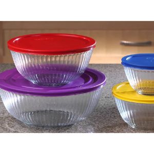 8-pc PYREX SCULPTURED Glass Mixing Bowl Set w/Covers PURPLE RED YELLOW BLUE