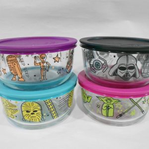 NEW 8-pc PYREX STAR WARS 4 Cup Glass STORAGE BOWL SET w/Covers Darth Vader Yoda Chewbacca & Droids