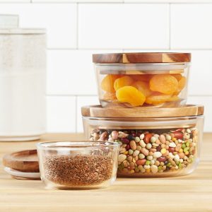 6-pc PYREX Glass Food Storage Container Set w/ WOODEN LIDS 1. 2. 4 Cup BOWLS Dry Goods. Crafts