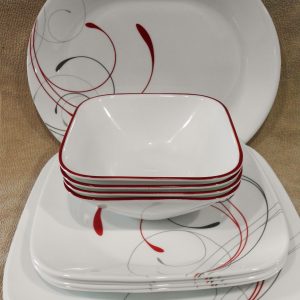 13-pc Corelle Square SPLENDOR Dinnerware Set w/ SERVING PLATTER Red Gray Scrolls
