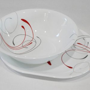 2-pc Corelle SPLENDOR SERVING SET Large 2-Qt BOWL & PLATTER Red Gray Scrolls