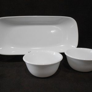 3-pc Corelle PURE WHITE Winter 10x5 APPETIZER TRAY & 6-oz RAMEKIN Sauce BOWLS