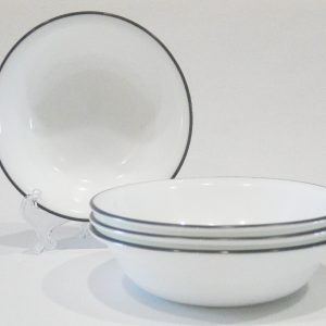 4 Corelle DARK GREY RIM 10-oz DESSERT BOWLS Fruit Sauce *Veranda Misty Leaves