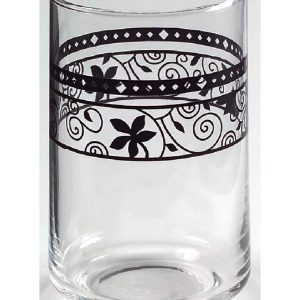 1 CORELLE Corning BLACK WINDING GATE 8-oz JUICE GLASS 4 Lowfoot Floral Scrolls