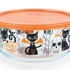 PYREX 7-Cup *FIENDISH FRIENDS Halloween Treats Glass Storage Bowl CATS BATS PUMPKINS SKULLS